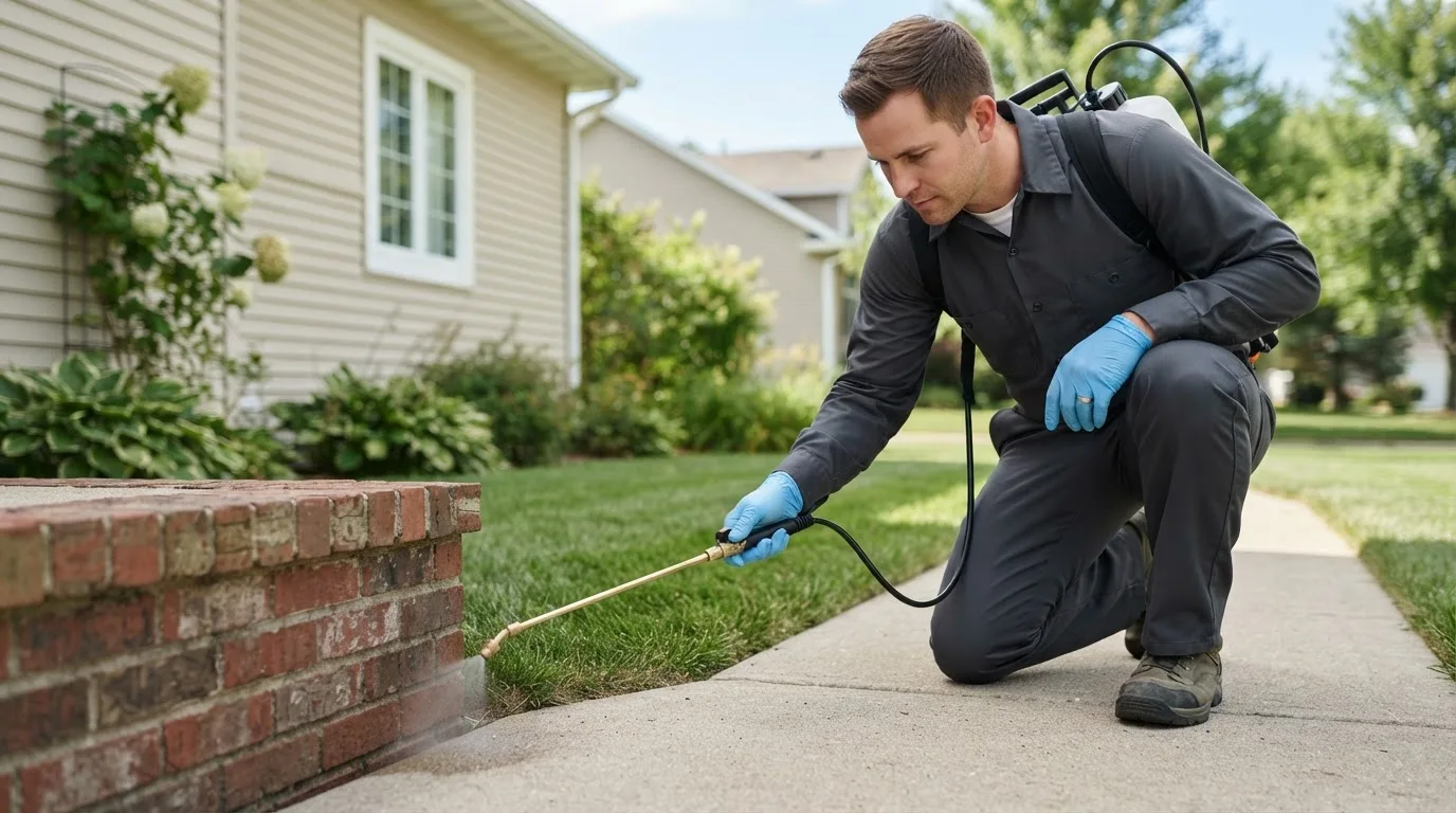 Pest control technician treating a home near Falls City, NE