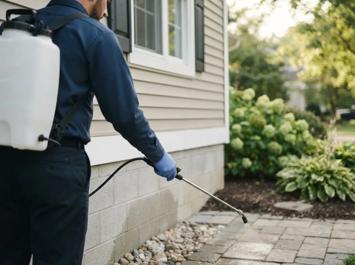 Pest control technician inspecting a home in Falls City, NE